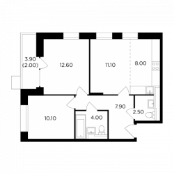 Трёхкомнатная квартира 58.2 м²