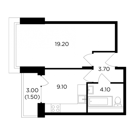 Однокомнатная квартира 37.6 м²