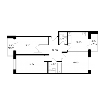 Трёхкомнатная квартира 78.3 м²