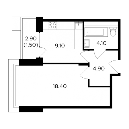 Однокомнатная квартира 38 м²