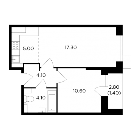 Двухкомнатная квартира 42.5 м²