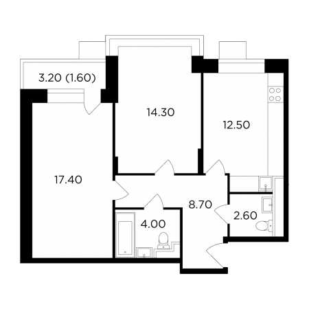 Двухкомнатная квартира 61.1 м²