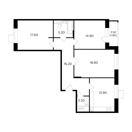 Трёхкомнатная квартира 90.7 м²