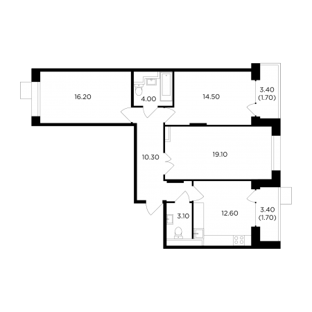 Трёхкомнатная квартира 83.2 м²