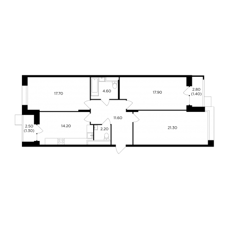 Трёхкомнатная квартира 92.2 м²