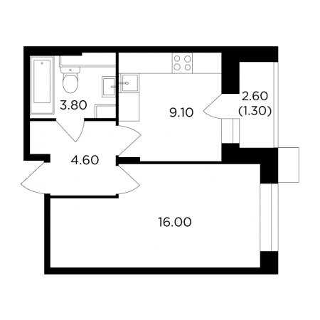 Однокомнатная квартира 34.8 м²