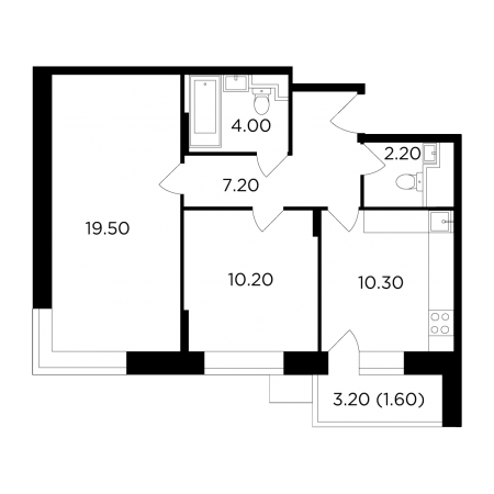 Двухкомнатная квартира 55 м²