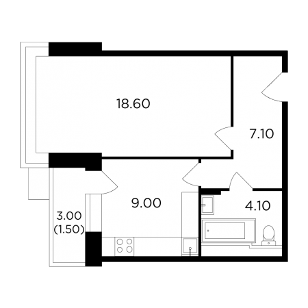 Однокомнатная квартира 40.3 м²