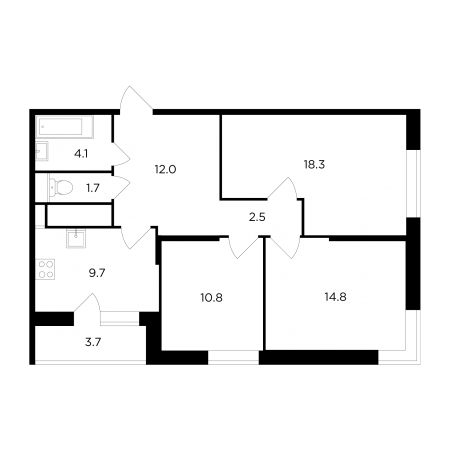 Трёхкомнатная квартира 75.58 м²