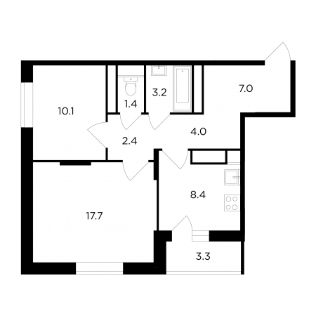 Двухкомнатная квартира 55.9 м²