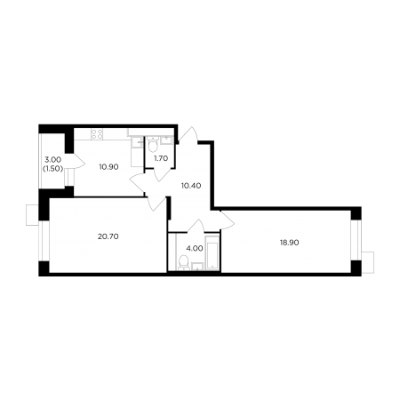 Двухкомнатная квартира 68.1 м²