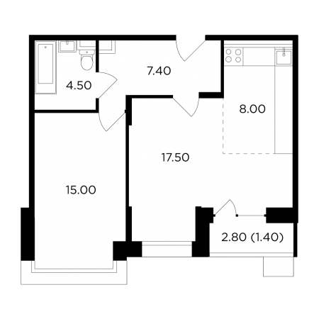 Двухкомнатная квартира 53.8 м²