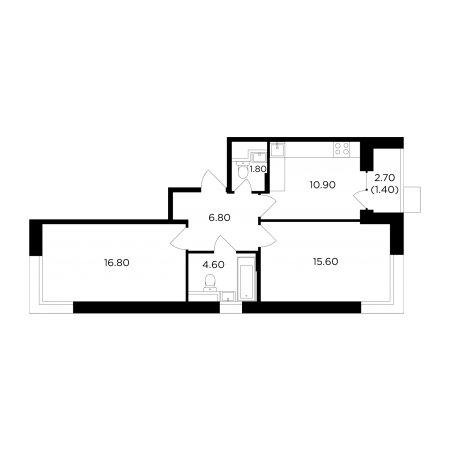 Двухкомнатная квартира 57.9 м²