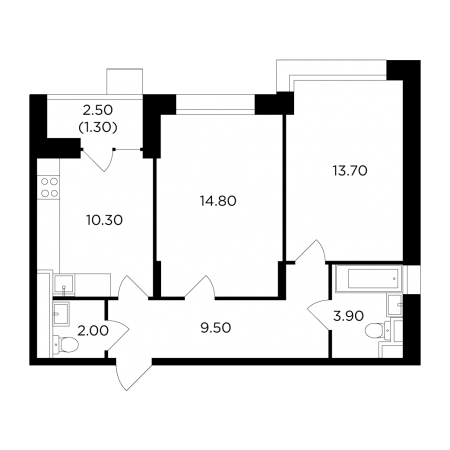 Двухкомнатная квартира 55.5 м²