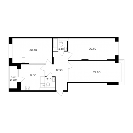 Трёхкомнатная квартира 95.2 м²