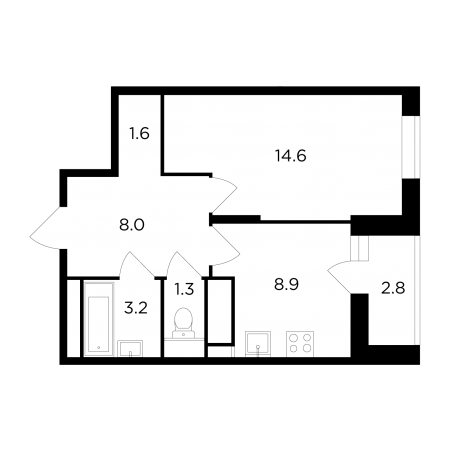 Однокомнатная квартира 39 м²