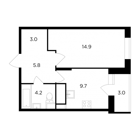 Однокомнатная квартира 39.1 м²