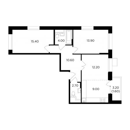 Трёхкомнатная квартира 69.4 м²