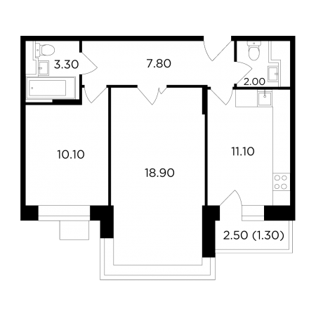 Двухкомнатная квартира 54.5 м²