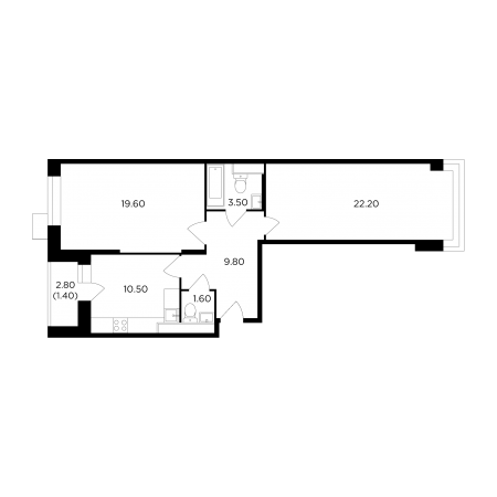 Двухкомнатная квартира 68.6 м²