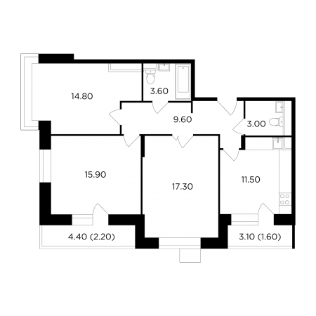 Трёхкомнатная квартира 79.5 м²