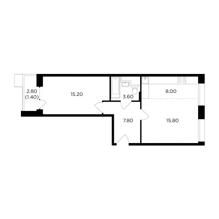 Двухкомнатная квартира 51.8 м²