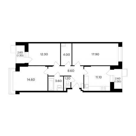 Трёхкомнатная квартира 75.9 м²