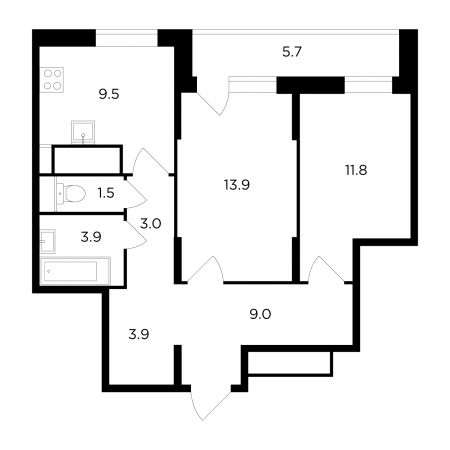 Двухкомнатная квартира 59.24 м²