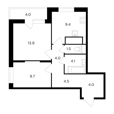 Двухкомнатная квартира 53.15 м²