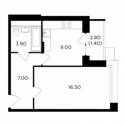 Однокомнатная квартира 37.8 м²