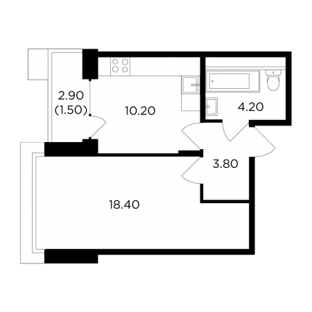 Однокомнатная квартира 38.1 м²