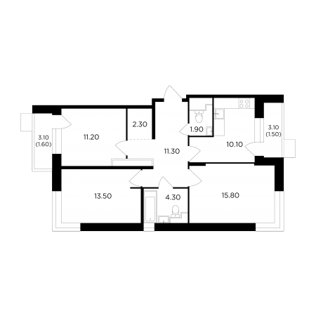 Трёхкомнатная квартира 73.5 м²