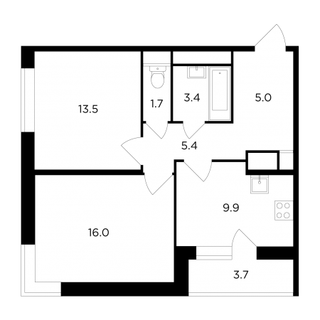 Двухкомнатная квартира 56.71 м²