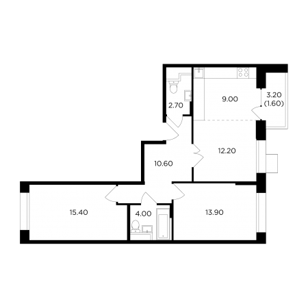 Трёхкомнатная квартира 69.4 м²