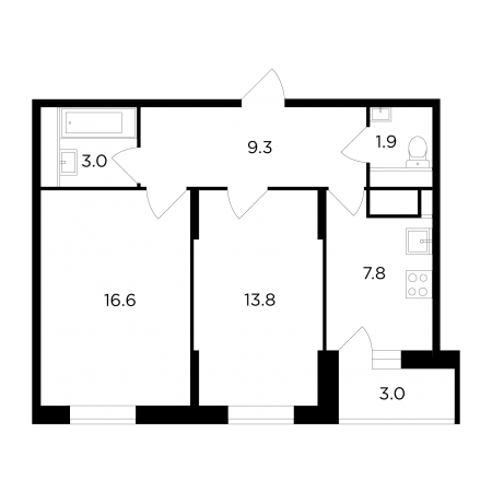 Двухкомнатная квартира 53.9 м²