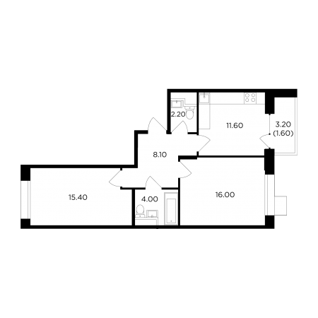 Двухкомнатная квартира 58.9 м²