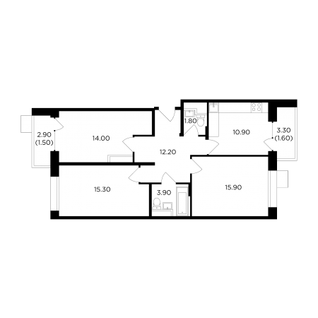 Трёхкомнатная квартира 77.1 м²