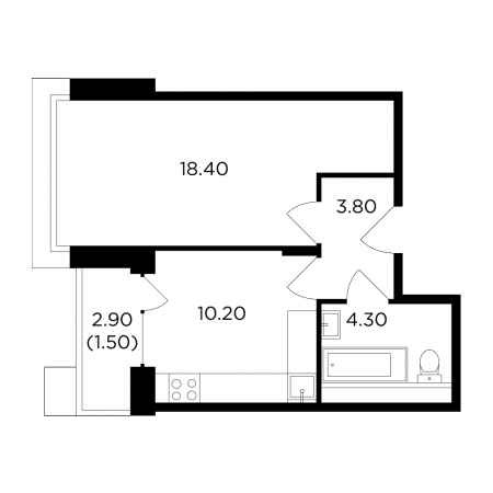 Однокомнатная квартира 38.2 м²