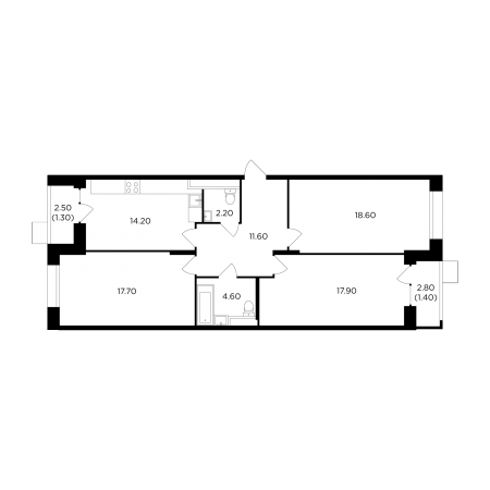 Трёхкомнатная квартира 89.5 м²