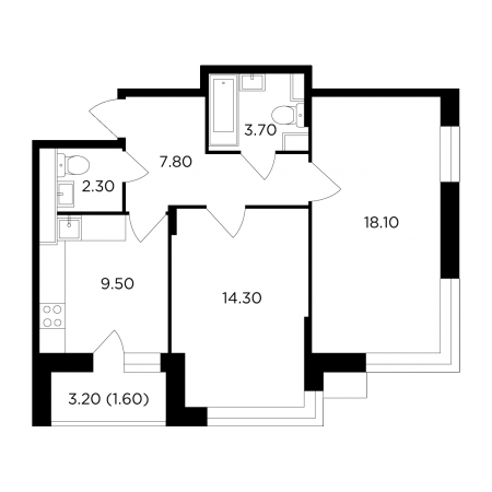 Двухкомнатная квартира 57.3 м²