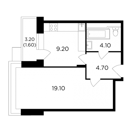 Однокомнатная квартира 38.7 м²